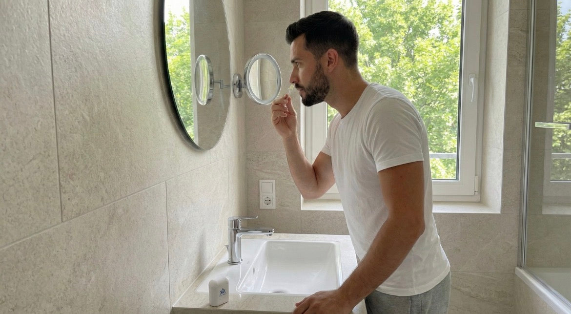 Homme dans une salle de bain mettant le stick de cire près de son nez avec le chauffe-cire posé près du lavabo 