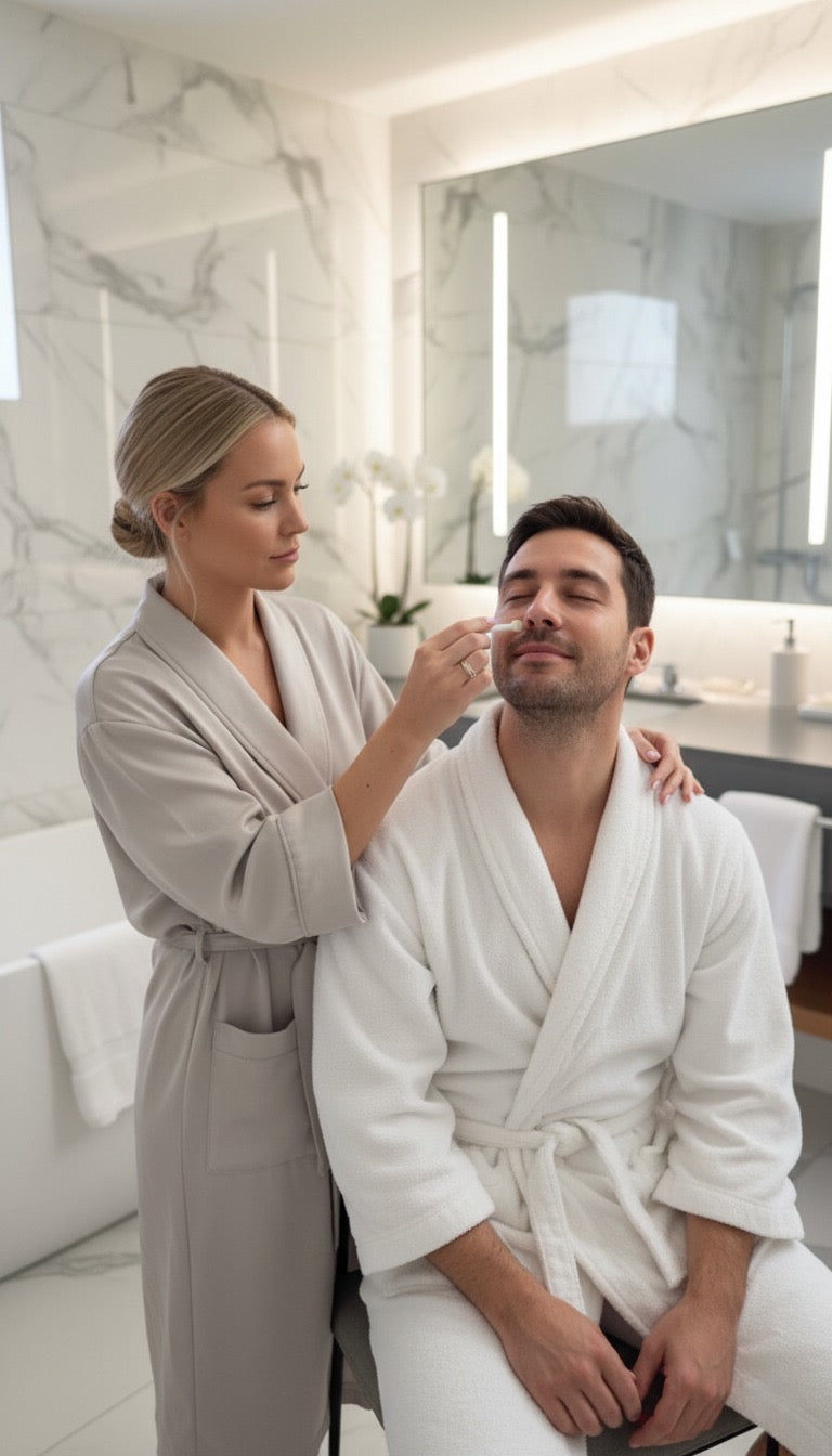 Femme qui épile les poils du nez de son homme dans une salle de bain avec le stick prêt à l’emploi auriwax